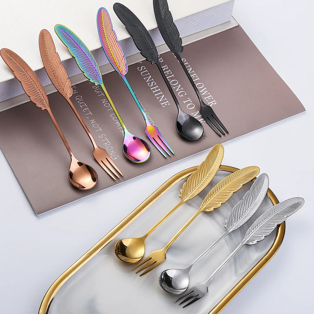 Custom Colorful Tea Spoon Creative Feather Stainless Steel Spoon Ice Cream Dessert Coffee Stirring Spoon