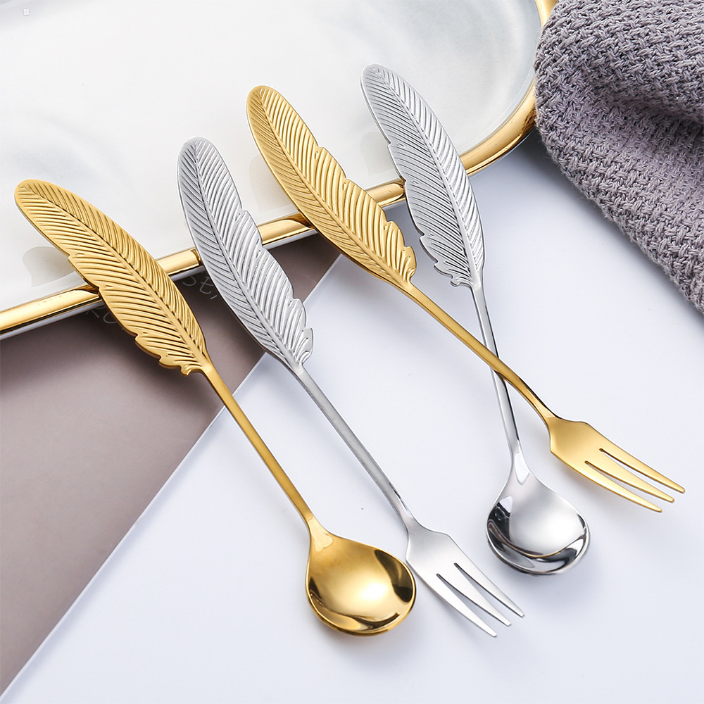 Custom Colorful Tea Spoon Creative Feather Stainless Steel Spoon Ice Cream Dessert Coffee Stirring Spoon