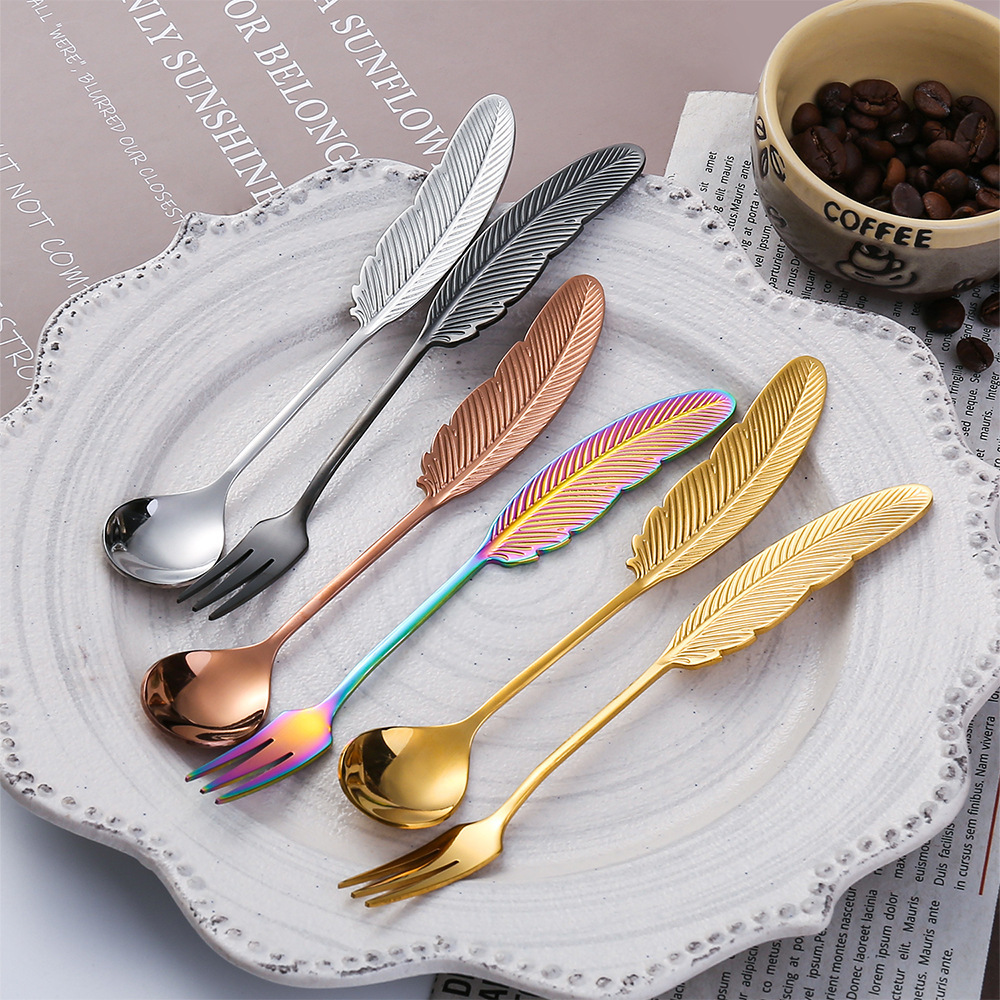 Custom Colorful Tea Spoon Creative Feather Stainless Steel Spoon Ice Cream Dessert Coffee Stirring Spoon