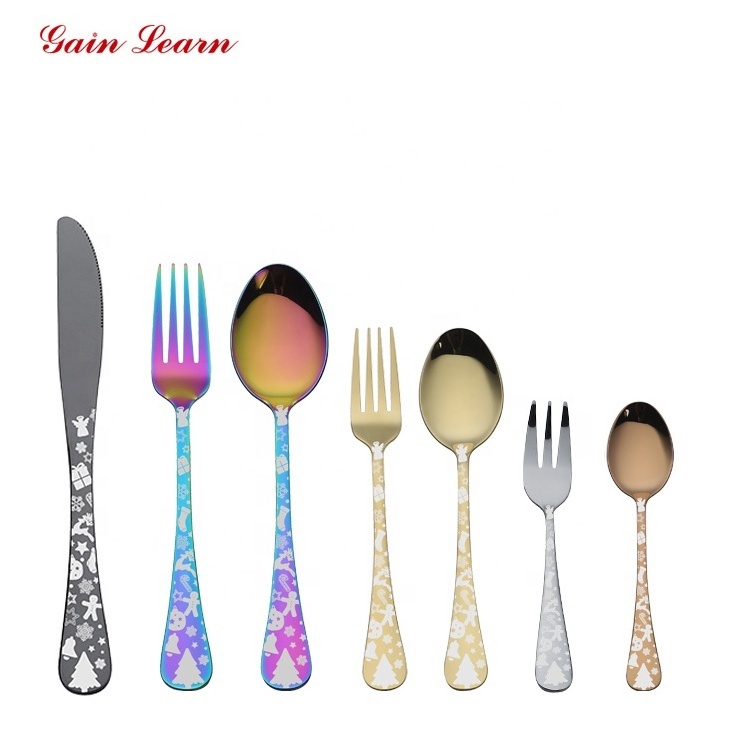 Gain Learn Wedding Restaurant Bulk Stainless Steel 5 Pcs Cutlery pvd Flatware Christmas spoons fork knife set