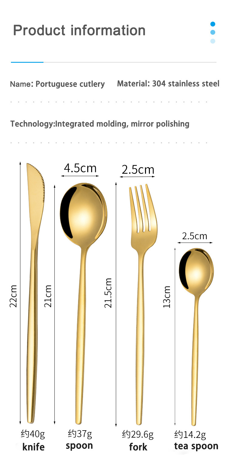 Portuguese Stainless Steel Satin Silver Flatware Knife Fork And Spoon Set Gold Wedding Cutlery Set