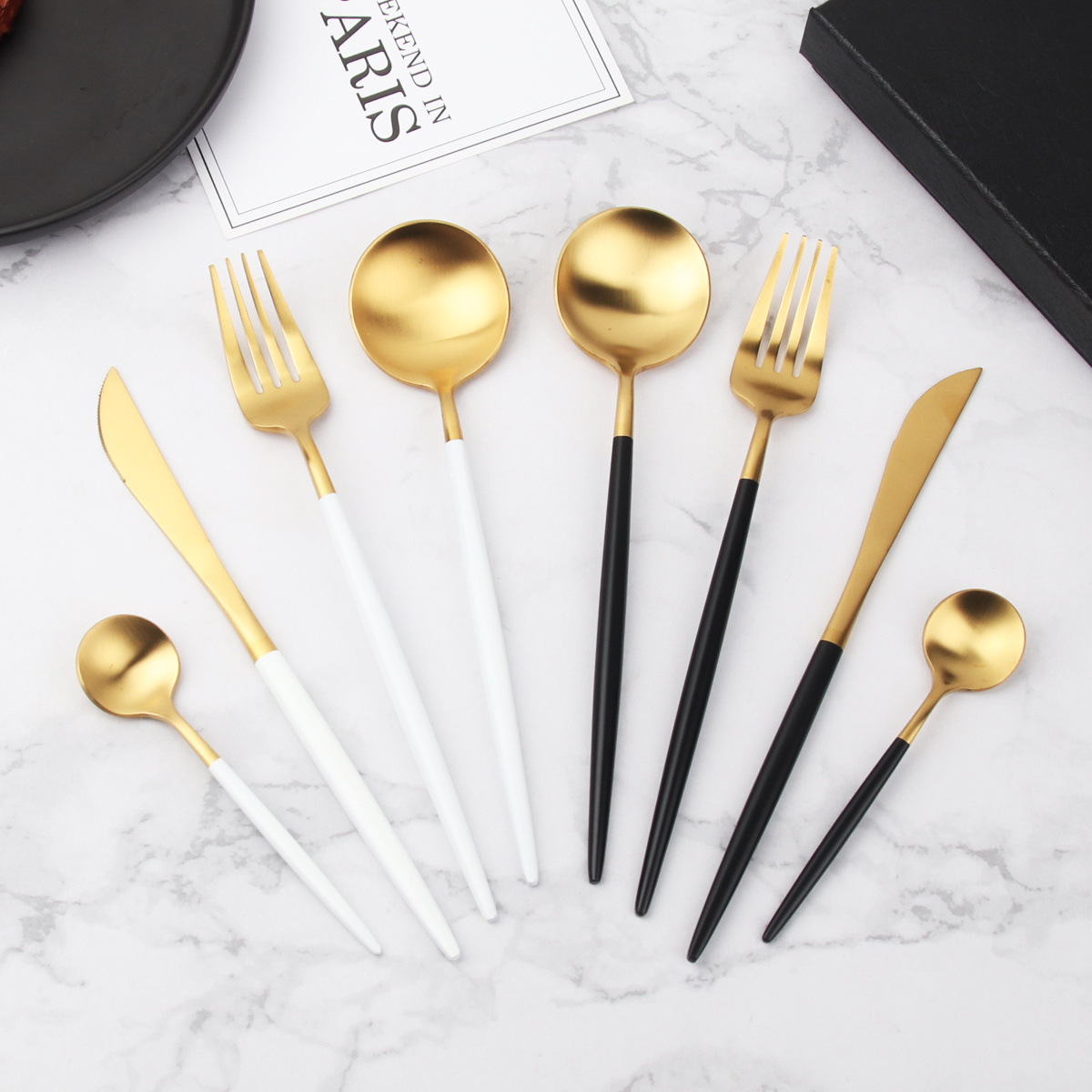 Stainless Steel Flatware Set 18/10 Luxury Black and Matte Gold Forks Spoons Knives Set Travel Utensils Set Cutlery