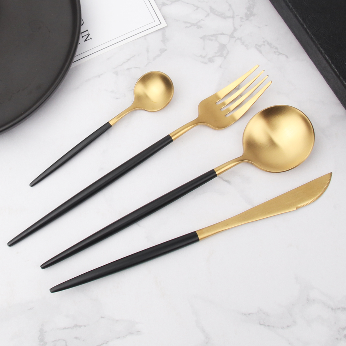 Stainless Steel Flatware Set 18/10 Luxury Black and Matte Gold Forks Spoons Knives Set Travel Utensils Set Cutlery