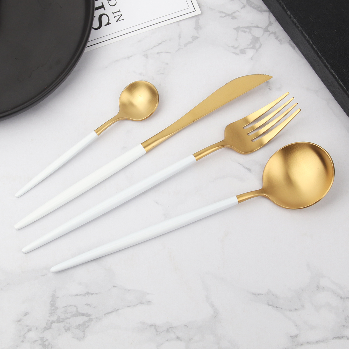 Stainless Steel Flatware Set 18/10 Luxury Black and Matte Gold Forks Spoons Knives Set Travel Utensils Set Cutlery