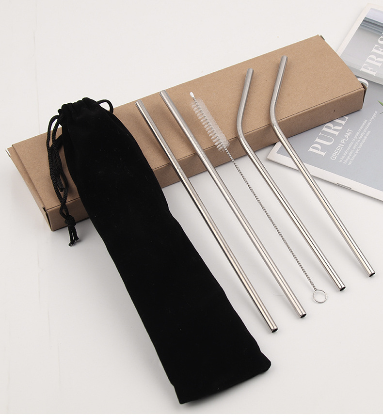 Drinking Straws Set Eco-friendly Reusable Metal Logo 304 Stainless Steel Straw with Bag Customized Free Sample Bar Accessories