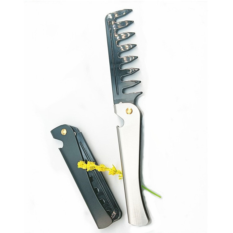 Stainless steel handle plastic comb teeth Flip Comb large wide teeth Men's hair texture comb  Customized in color and logo