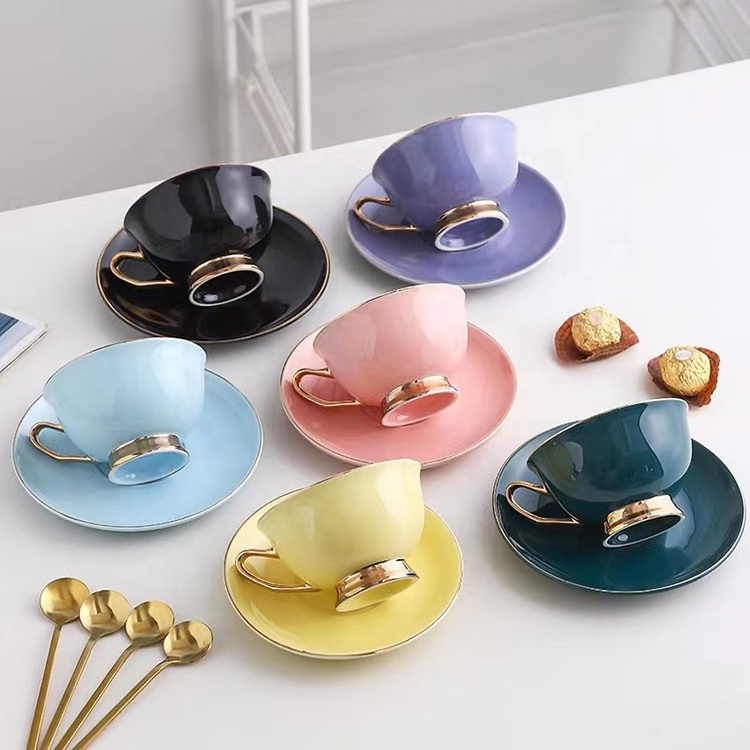 Custom Luxury Gold Rim Ceramic Coffee Tea Sets Restaurant Hotel Porcelain Tea Cup and Tea Saucer Set