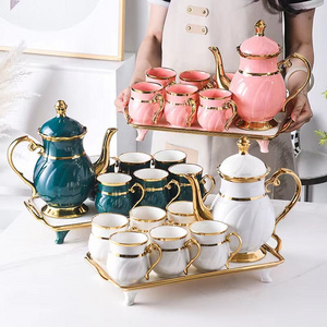 Luxury 8Pcs Arabic Gold Rim Tea Cup and Tea Pot Set with Teapot Tray Porcelain Coffee Tea Cup Set