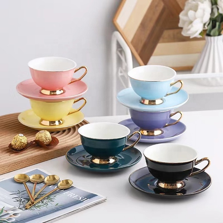 Custom Luxury Gold Rim Ceramic Coffee Tea Sets Restaurant Hotel Porcelain Tea Cup and Tea Saucer Set