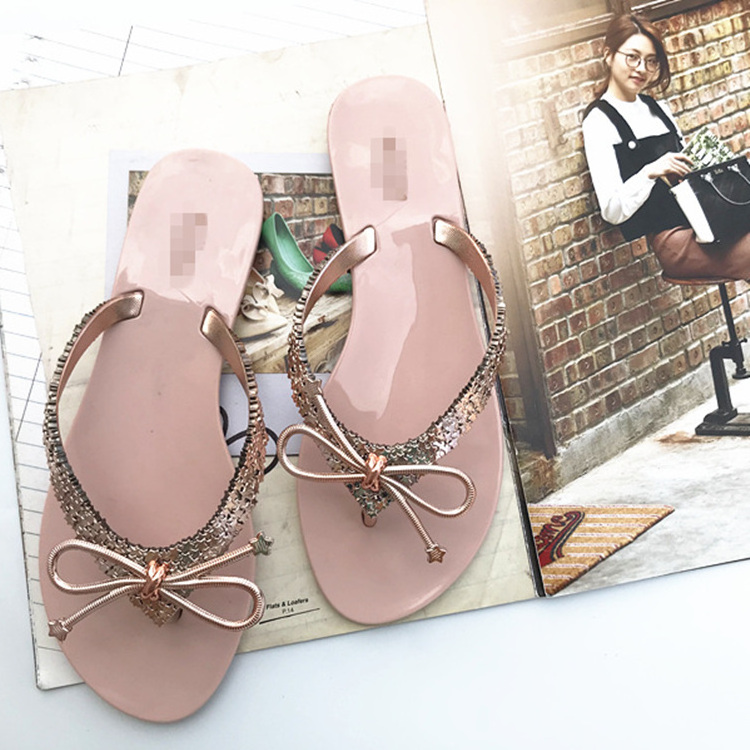 Last 400 pairs Clearance  womens beach slippers summer plastic flip flops jelly shoes electroplated bow shoes for girls