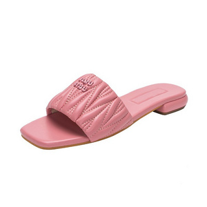 latest style summer girls low-heeled slippers women  embroidered open toe one-piece beautiful girls leather flat shoes hot sale