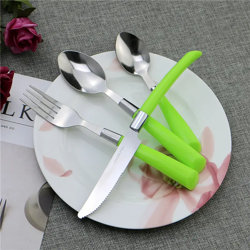 Best-Selling Elegant 24 PCS Stainless Steel Plastic Handle Cutlery Set Flatware Set with Rack Packing  PVC Box Packing