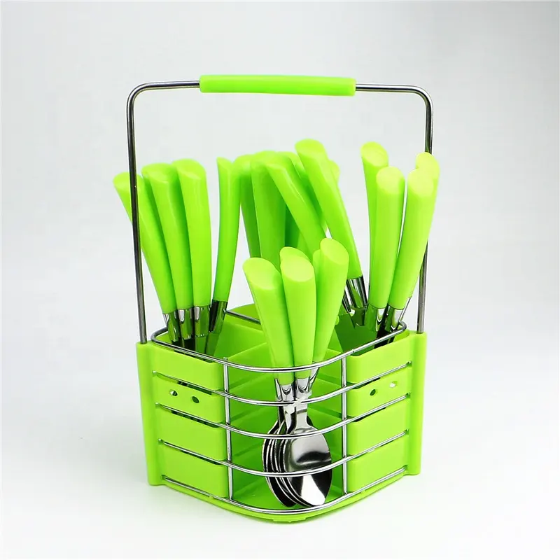 Best-Selling Elegant 24 PCS Stainless Steel Plastic Handle Cutlery Set Flatware Set with Rack Packing  PVC Box Packing