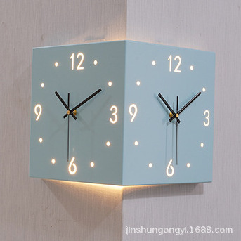 Luminous corner clock square living room simple double-sided clock iron digital hollowed-out double-sided hanging clock