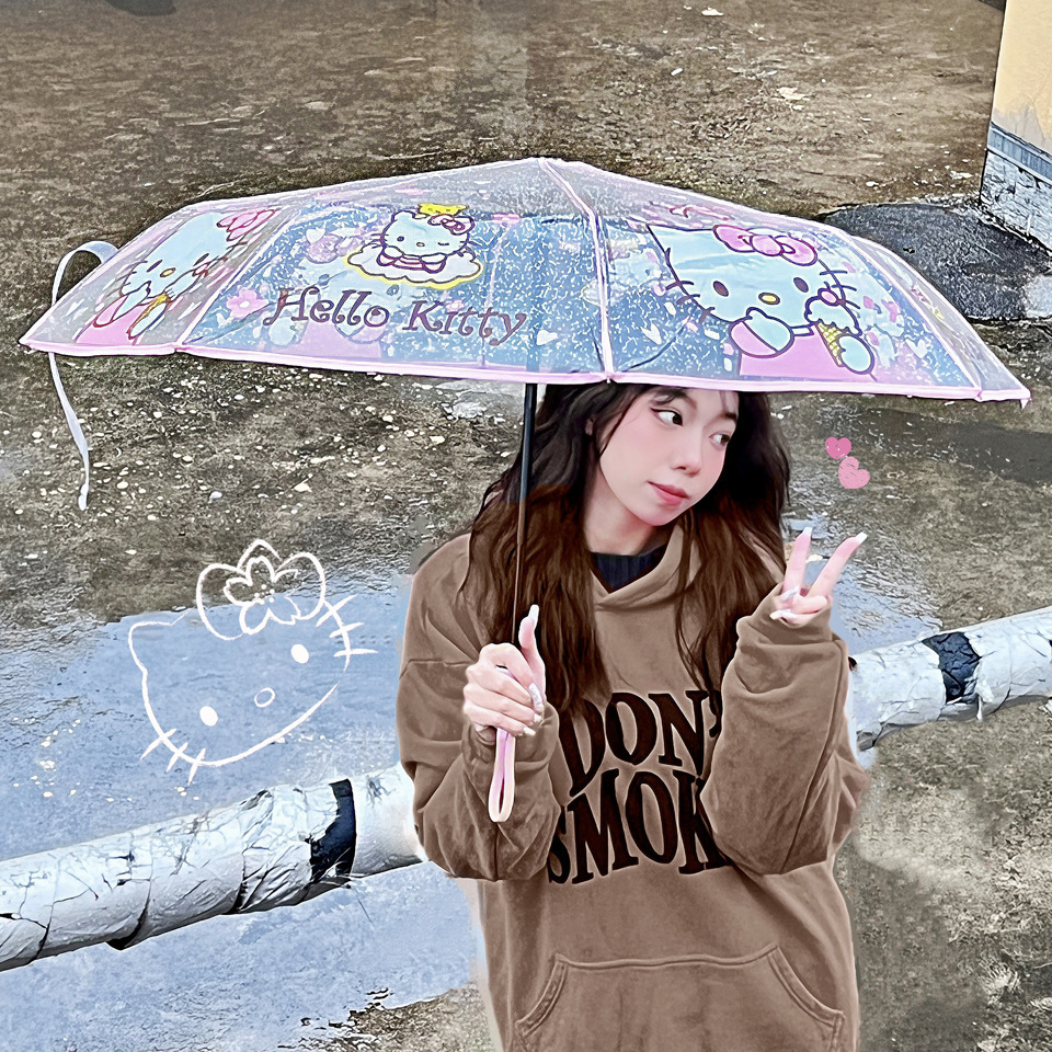 Cartoon thickened folding portable Japanese soft sister two element fully automatic transparent umbrella