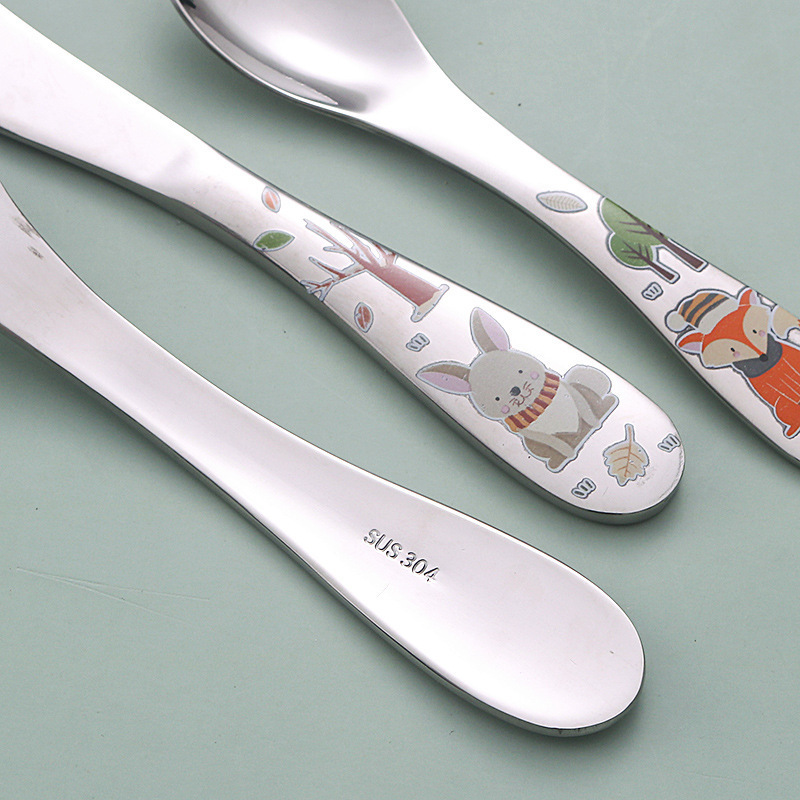 304 stainless steel children's knife fork and spoon cartoon cutlery 4 pcs set Western food silverware roasting process