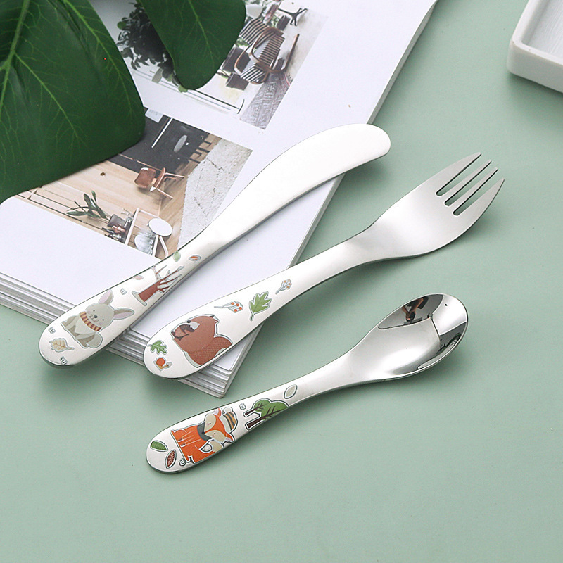 304 stainless steel children's knife fork and spoon cartoon cutlery 4 pcs set Western food silverware roasting process