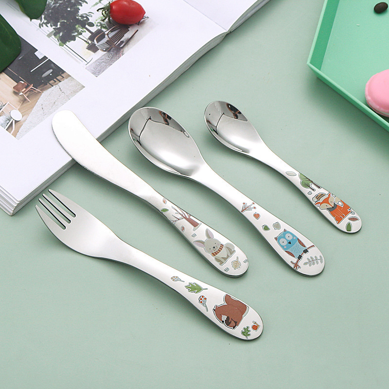 304 stainless steel children's knife fork and spoon cartoon cutlery 4 pcs set Western food silverware roasting process