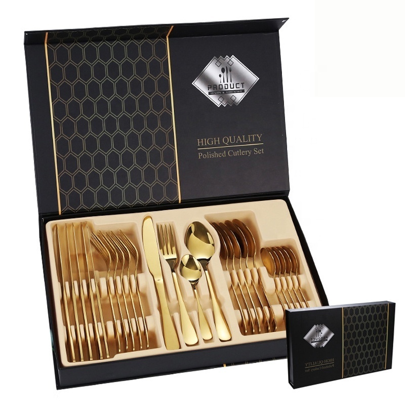 Luxury Pvd Gold 24pcs Stainless Steel Cutlery Set Knife Fork Spoon Flatware Set With Gift Box