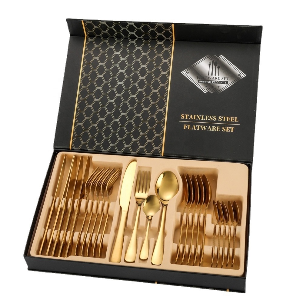 Luxury Pvd Gold 24pcs Stainless Steel Cutlery Set Knife Fork Spoon Flatware Set With Gift Box