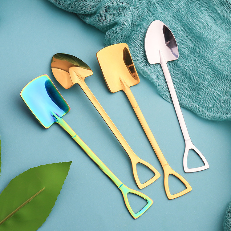 Creative stainless steel Iron Shovel Spoon coffee ice cream spoon square head cute retro kitchen gadgets