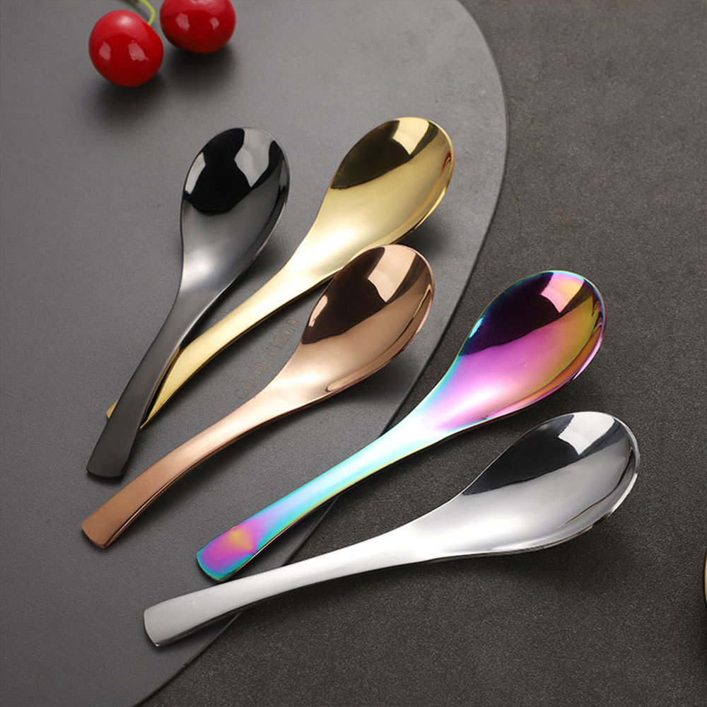 12 Pcs Big Round Spoon Stainless Steel 410 Thick Handle Ladle Golden Chinese Soup Spoons Set