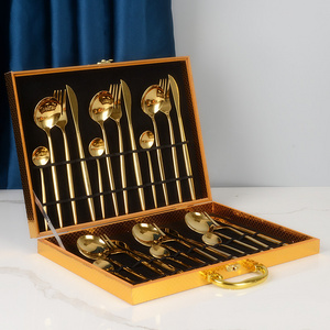 Royal Luxury Design Gold Flatware Wedding Portuguese Stainless Steel Cutlery Set With Wooden Box