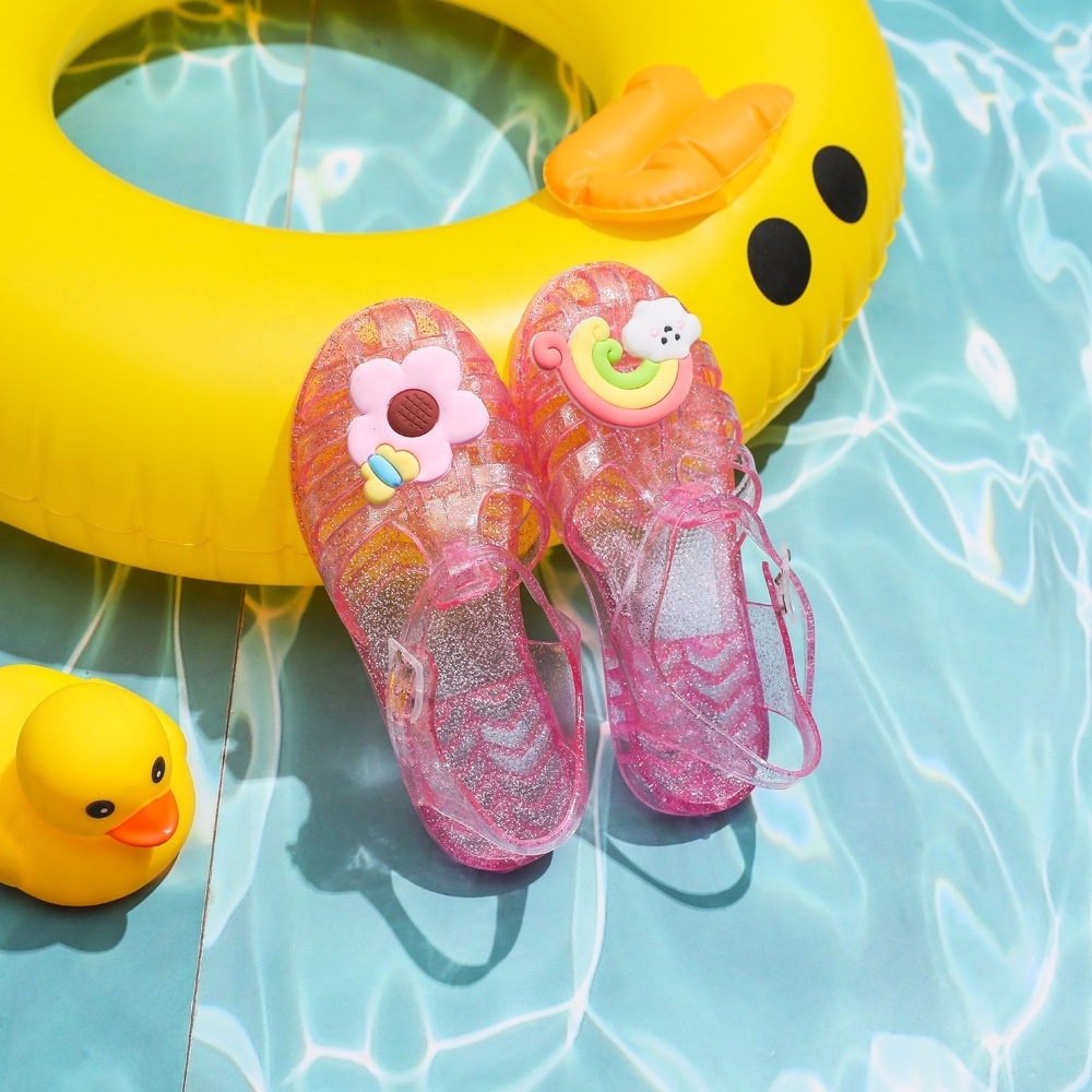 China factory OEM Logo jelly shoes anti- slippy swimming  kids purple flower pvc jelly sandals