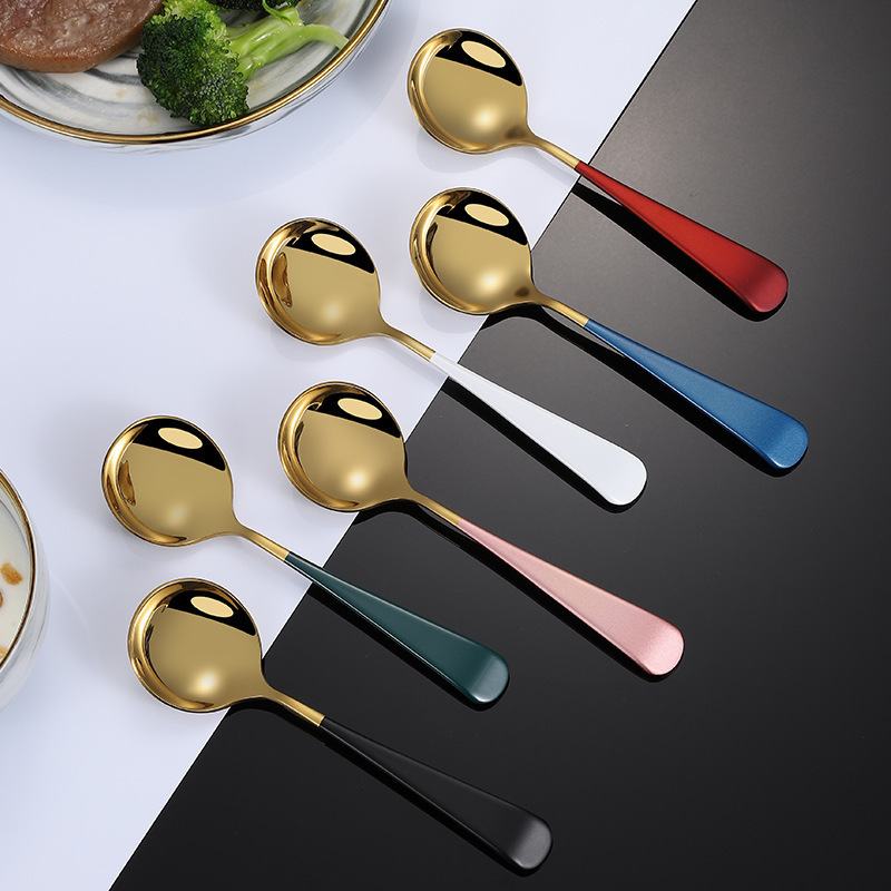 Popular 304 Stainless Steel Gold Spoon Round Heard Dinner Spoon Metal Dessert Soup Spoon