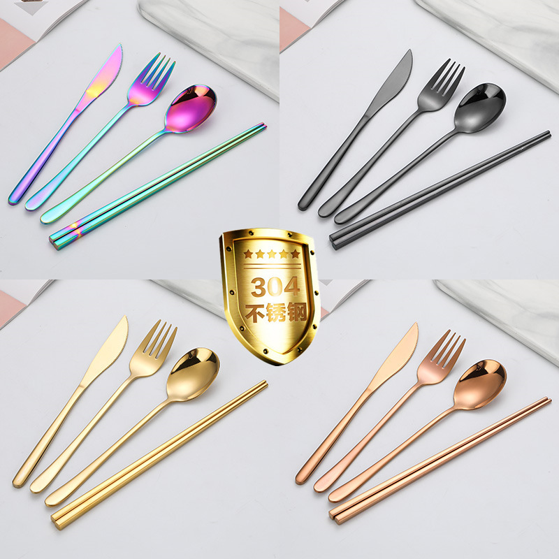 304 Korean Utensils Gold Flatware Colorful Dinner Spoon Stainless Steel Flatware Set