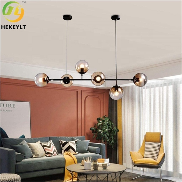 JYLIGHTING 6-Light Black Gold Glass Ball Pendant Lights Modern Style Linear Dining Table Kitchen Island AC Power Switch LED Bulb