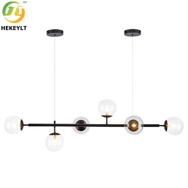 JYLIGHTING 6-Light Black Gold Glass Ball Pendant Lights Modern Style Linear Dining Table Kitchen Island AC Power Switch LED Bulb