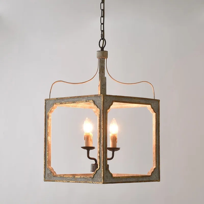 JYLIGHTING Vintage French metal4-Light Lantern Chandelier Square Candelabra Pendant Light in Antique Gray