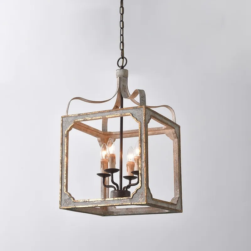 JYLIGHTING Vintage French metal4-Light Lantern Chandelier Square Candelabra Pendant Light in Antique Gray