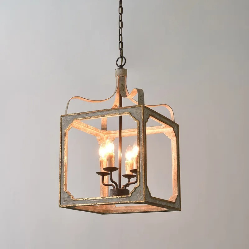 JYLIGHTING Vintage French metal4-Light Lantern Chandelier Square Candelabra Pendant Light in Antique Gray