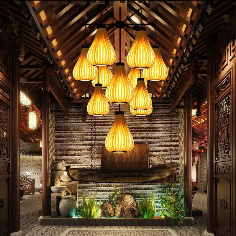 restaurant lamp clubhouse duplex stairs retro wooden art lighting Southeast Asian veneer chandelier