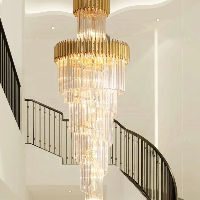 JYLIGHTING Modern Luxury Villa lobby Staircase Indoor Crystal Long Chandelier Hanging LED gold smokey grey metal light