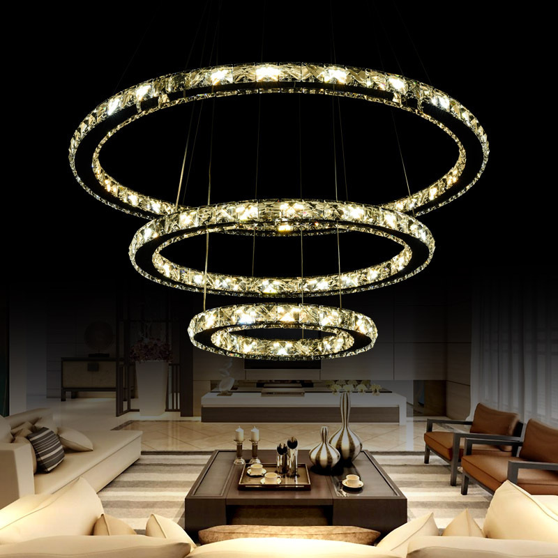 JYLIGHTING 3 Rings Crystal LED Chandelier Pendant Light Fixture Crystal Light Lustre Hanging Suspension Light for Dining Room, Foyer, Stair