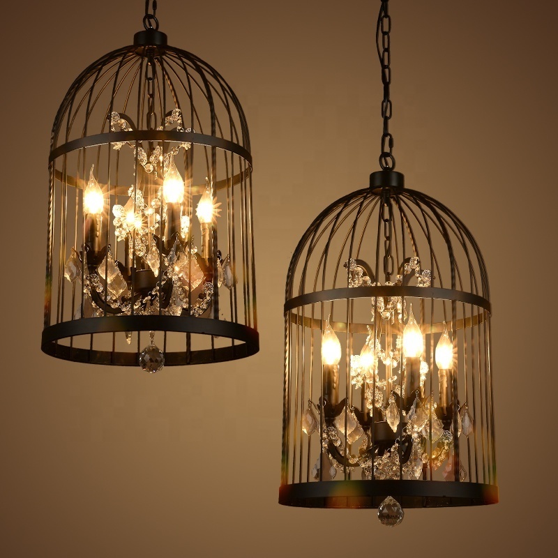 JYLIGHTING Wrought iron American retro restaurant bar personality creative industrial hanging lamps crystal bird cage chandelier