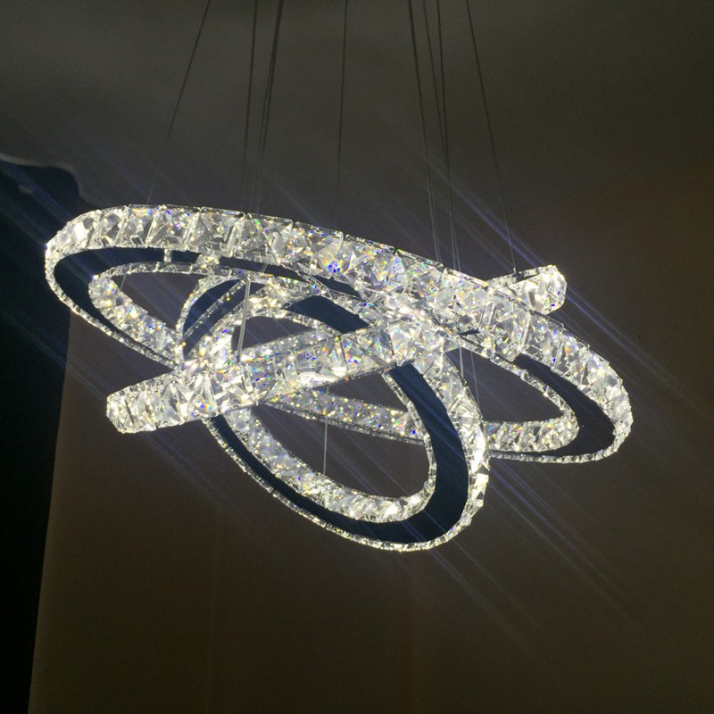 JYLIGHTING 3 Rings Crystal LED Chandelier Pendant Light Fixture Crystal Light Lustre Hanging Suspension Light for Dining Room, Foyer, Stair