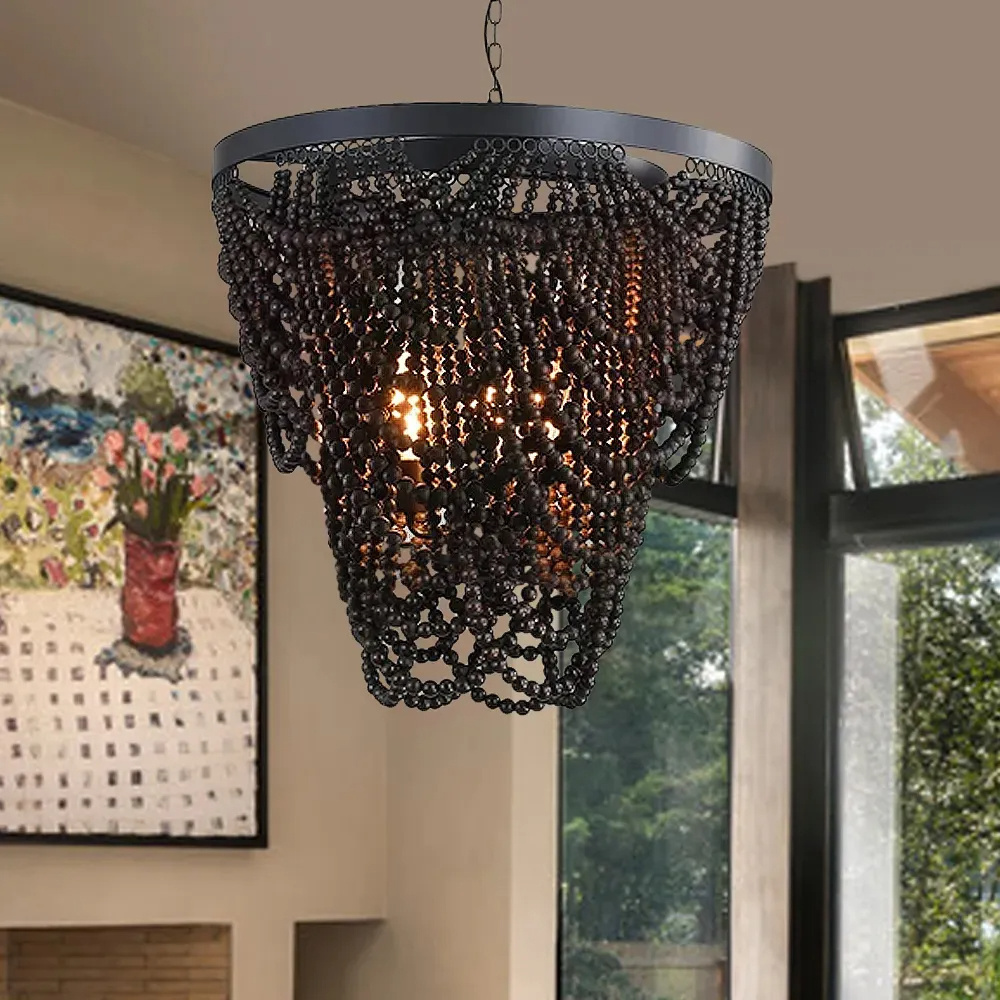 JYLIGHTING Boho Wooden Bead Chandelier French 3-Light chandelier in Matte Black