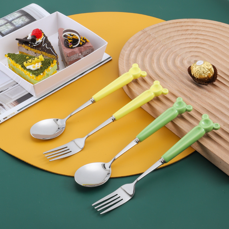 new style 304 Stainless Steel Children Spoon and fork set cute Cartoon animal Ceramic handle cutlery with custom logo