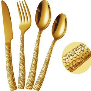 Flatware Manufacturer Fork Knife And Spoon Silverware Set Stainless Steel Gold Hammered Cutlery Set