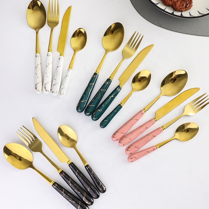 24 Pcs plastic Handle Stainless Steel Spoon Fork And Knife Silverware Golden Plated Flatware Set Gold Cutlery Set