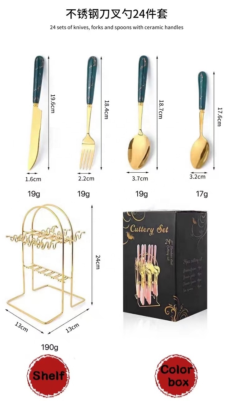 24 Pcs plastic Handle Stainless Steel Spoon Fork And Knife Silverware Golden Plated Flatware Set Gold Cutlery Set