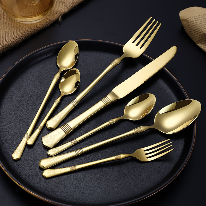 Hot Sale Flatware Portuguese Gold 24 Pcs Spoon Knife And Fork Stainless Steel Cutlery Set Portuguese Luxury Flatware Sets