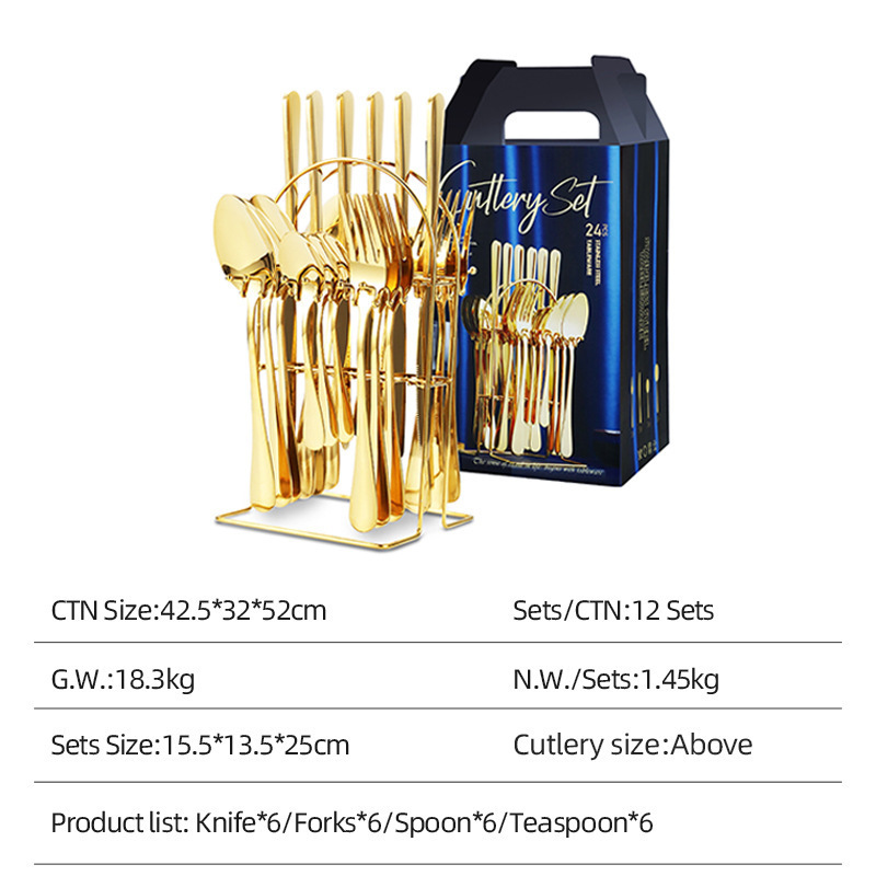 Luxury  Flatware Set Royal Gold Silverware  24pcs Cutlery set restaurant stainless steel wedding cutlery with box