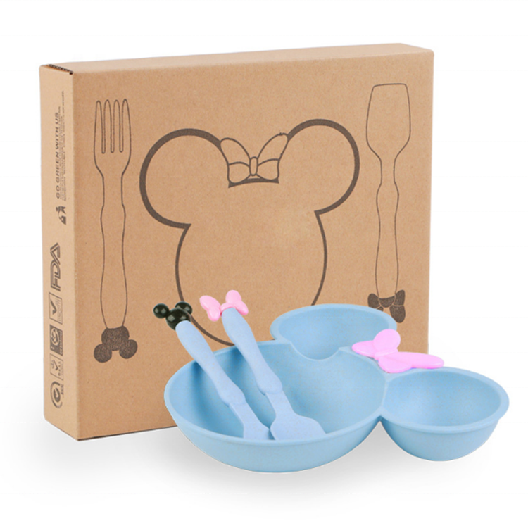 Custom Cartoon kindergarten cute Children Tableware set 3pcs Biodegradable Wheat Straw Fiber Tableware Feeding Dishes