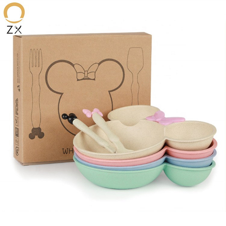 Custom Cartoon kindergarten cute Children Tableware set 3pcs Biodegradable Wheat Straw Fiber Tableware Feeding Dishes