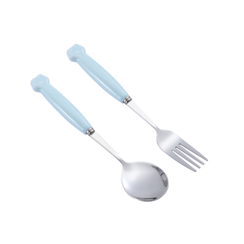 new style 304 Stainless Steel Children Spoon and fork set cute Cartoon animal Ceramic handle cutlery with custom logo